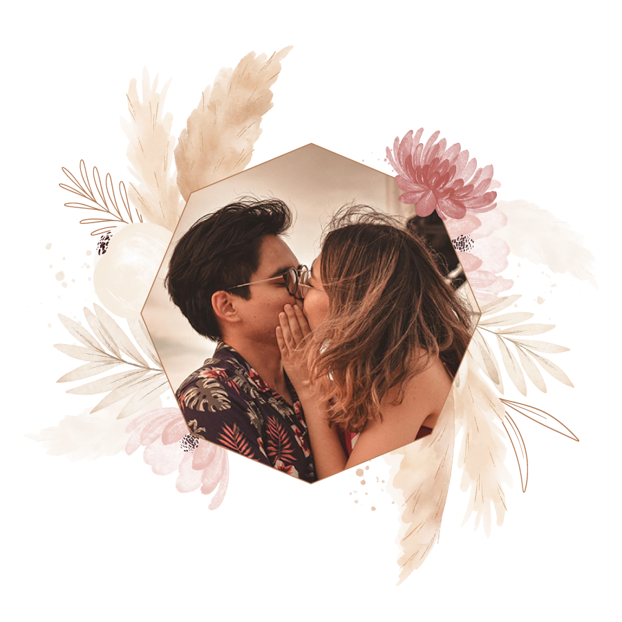 Foto de novios para invitación de boda estilo bohemio