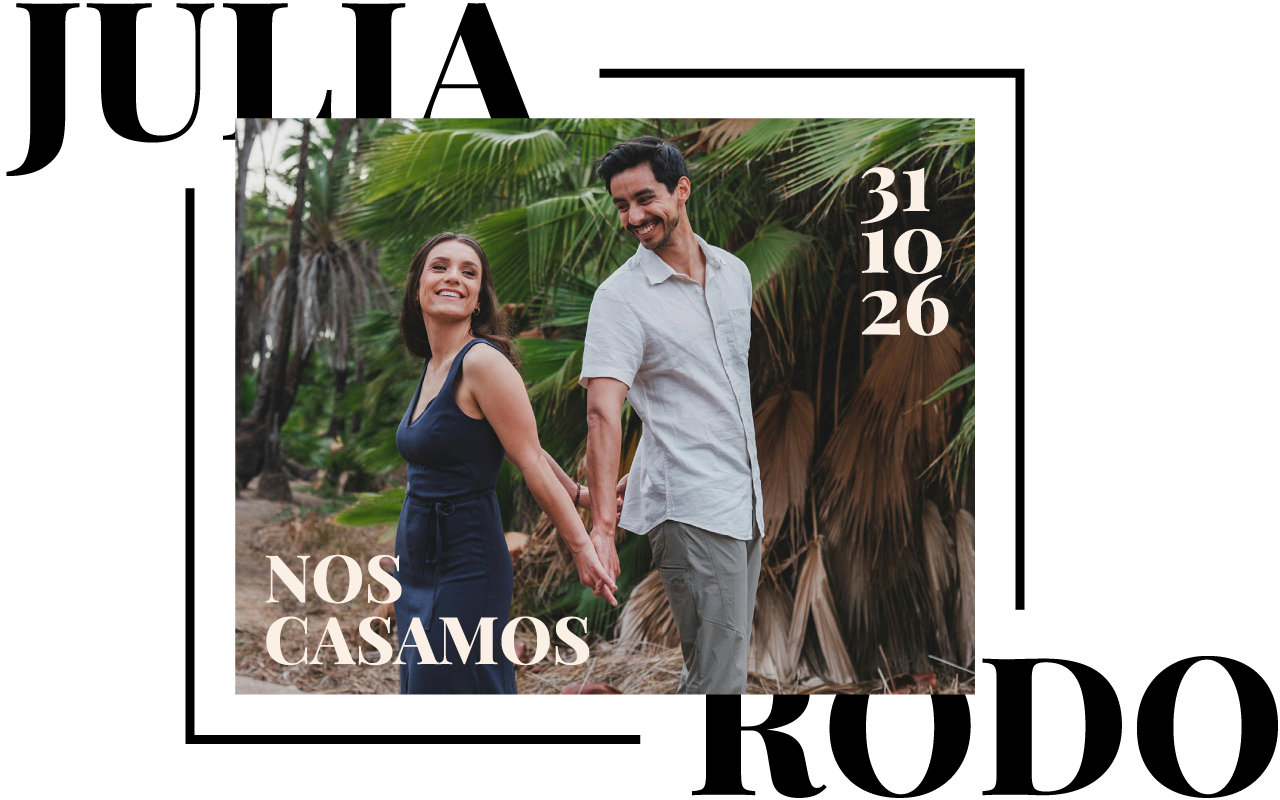 Álbum de fotos de novios en invitación digital de boda estilo editorial