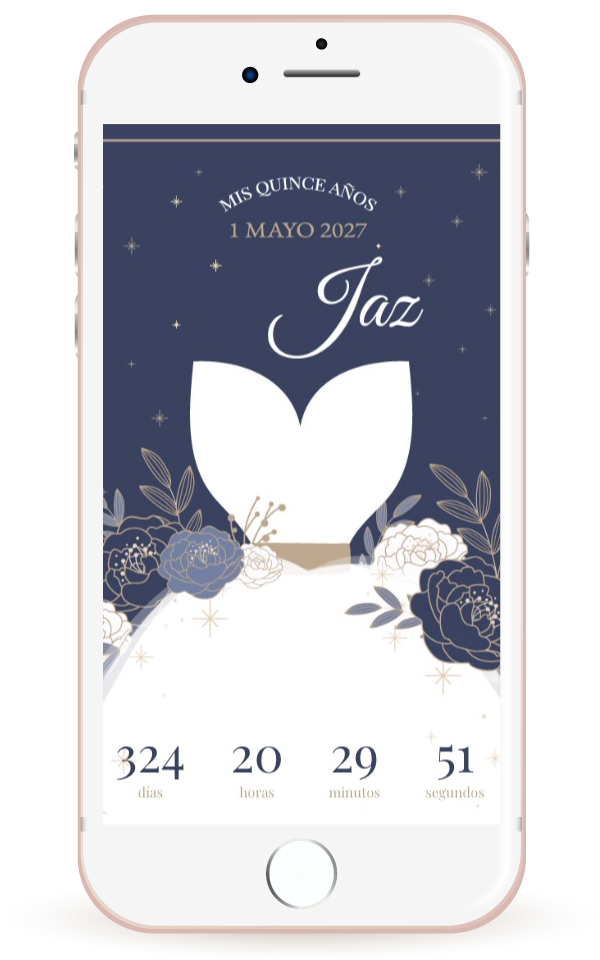 Mockup invitación digital de 15 estilo elegante diseñada en azul profundo con destellos dorados y tipografía sofisticada