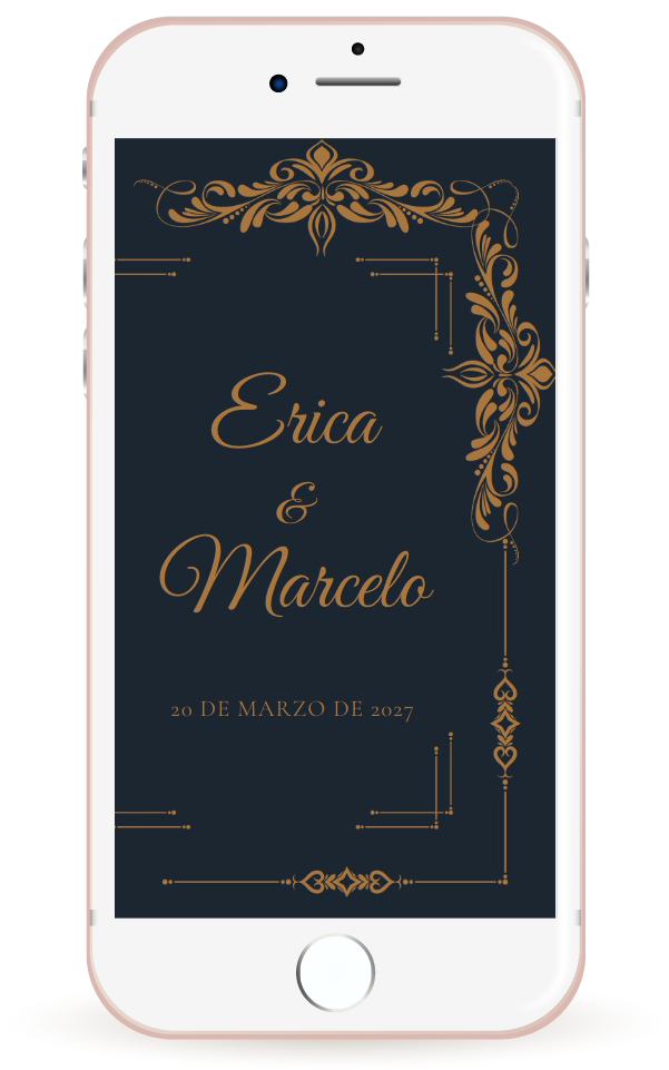 Mockup invitación de boda estilo barroco con detalles ornamentales en tonos ocre y dorado